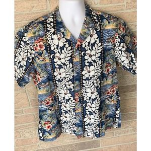 Hawaiian Shirt, White Hibiscus RJC, Mens Short Sleeve Vtg Aircraft Cotton medium